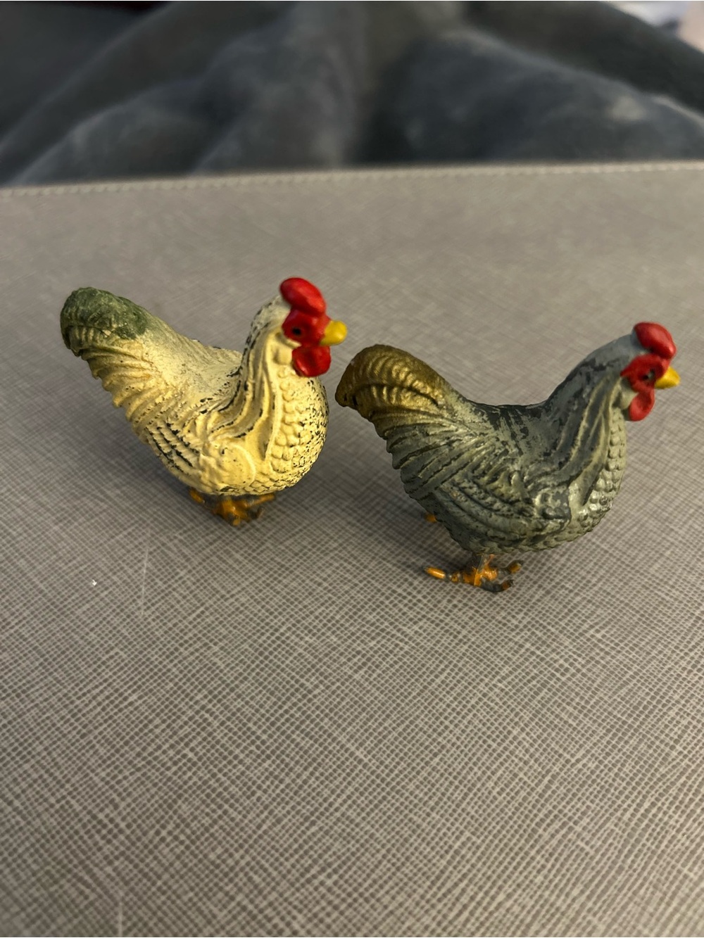 antique German Putz composition chickens with metal feet